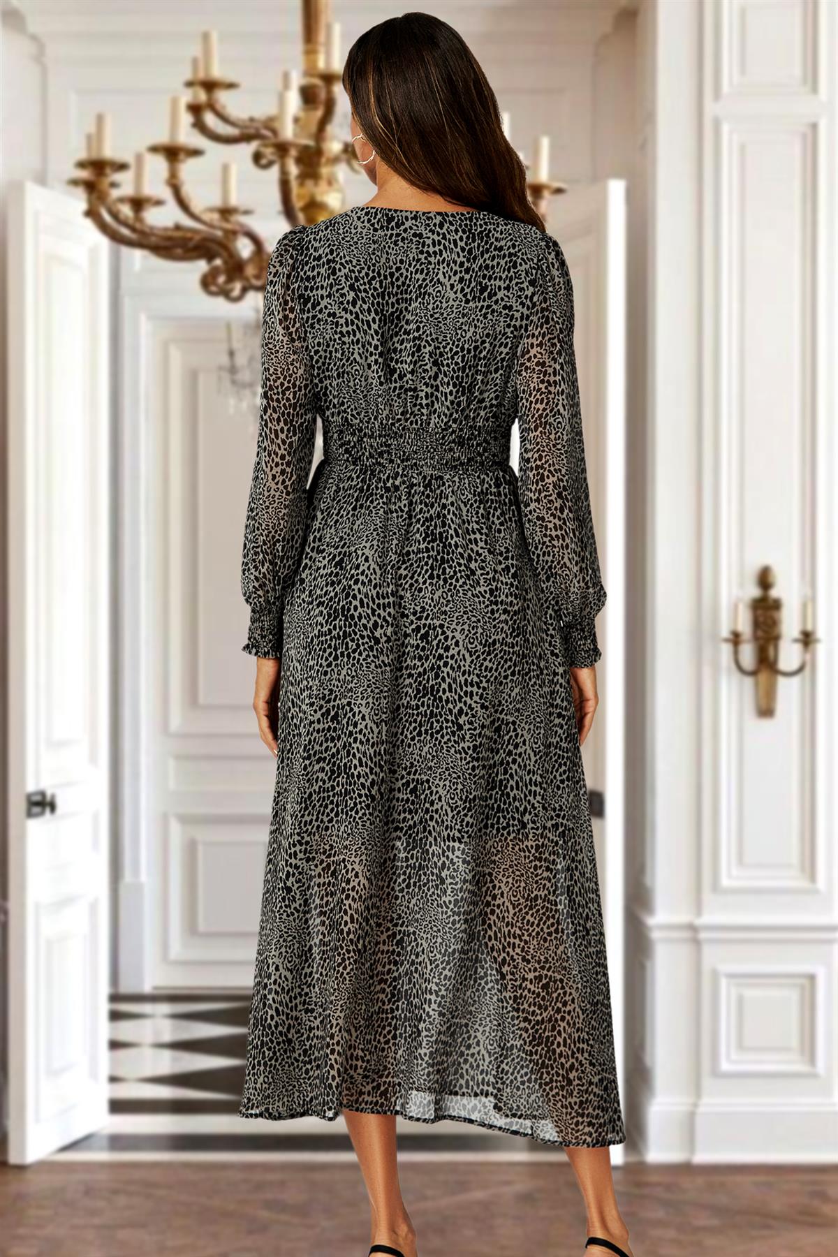 Leopard Print Long Sleeve Maxi Dress In Grey FS629