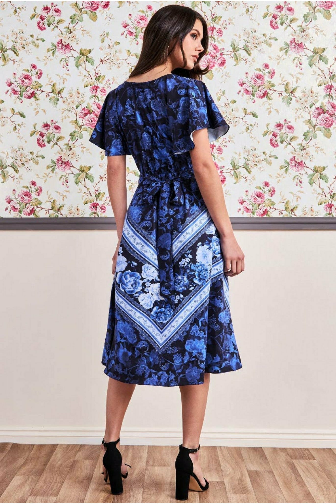 Flutter Sleeve Wrap Style Midi Dress - Navy DR3432