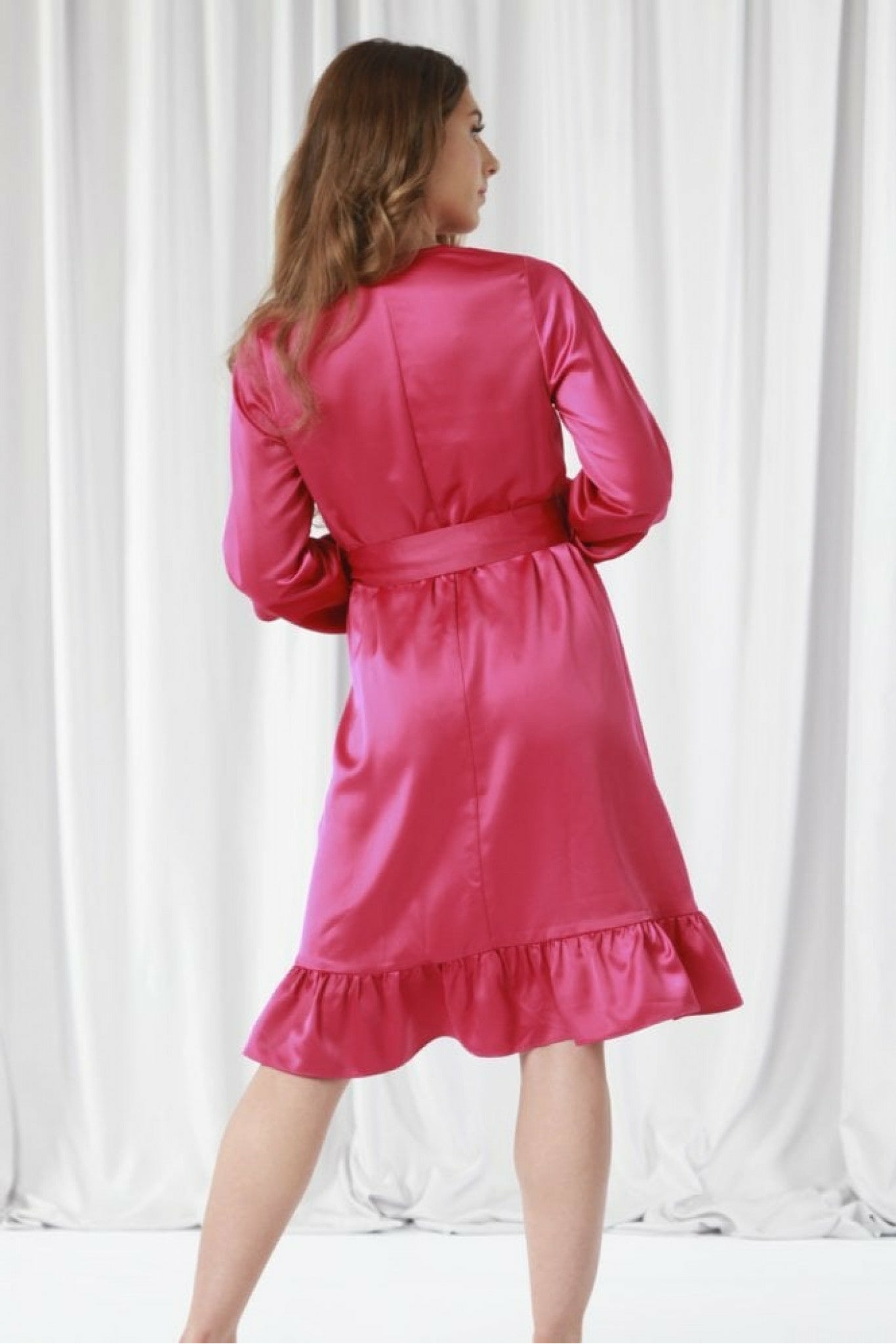 Dark Pink Frill Satin Wrap Dress DR0000207