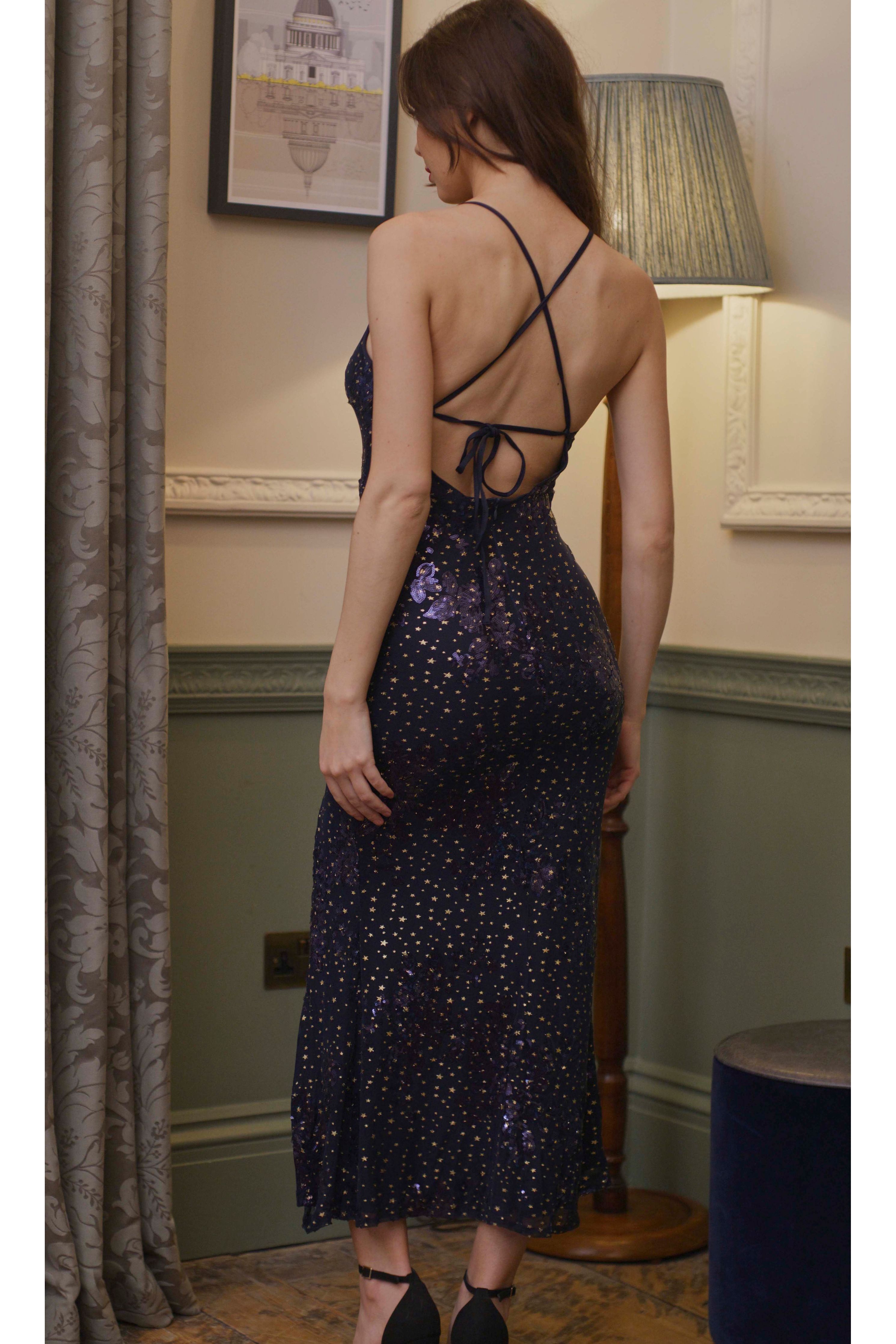 Navy Star Sequin Dress With Open Back LIQPARTY015
