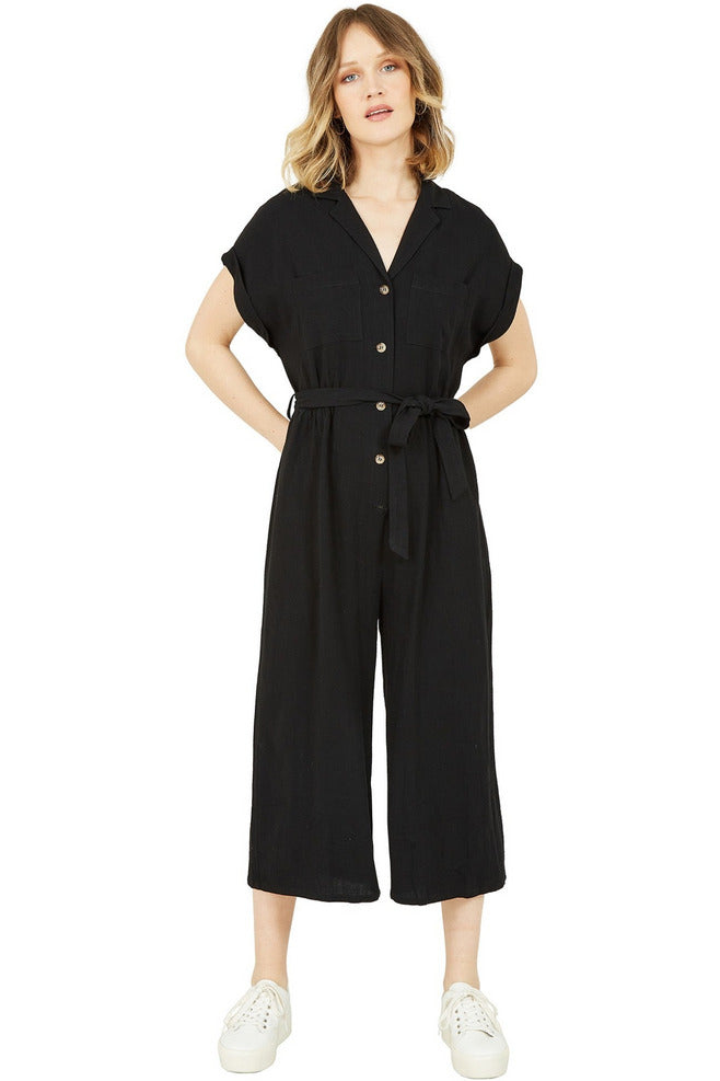 Black Button Up Linen Jumpsuit Yumi