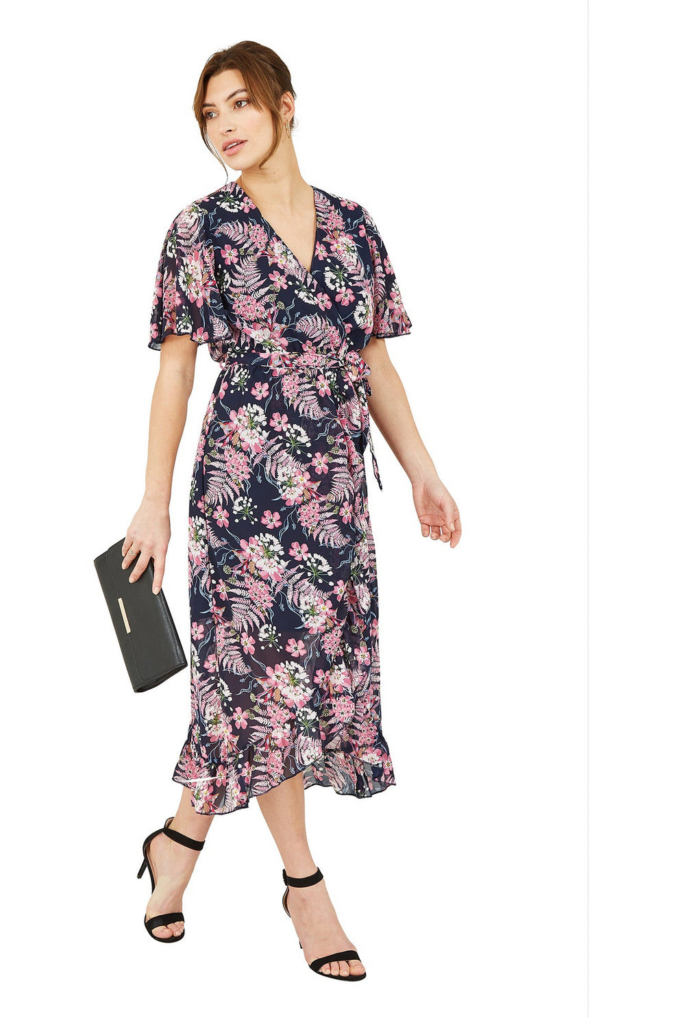 Mela London Navy Tropical Floral Wrap Front Midi Dress Goddiva