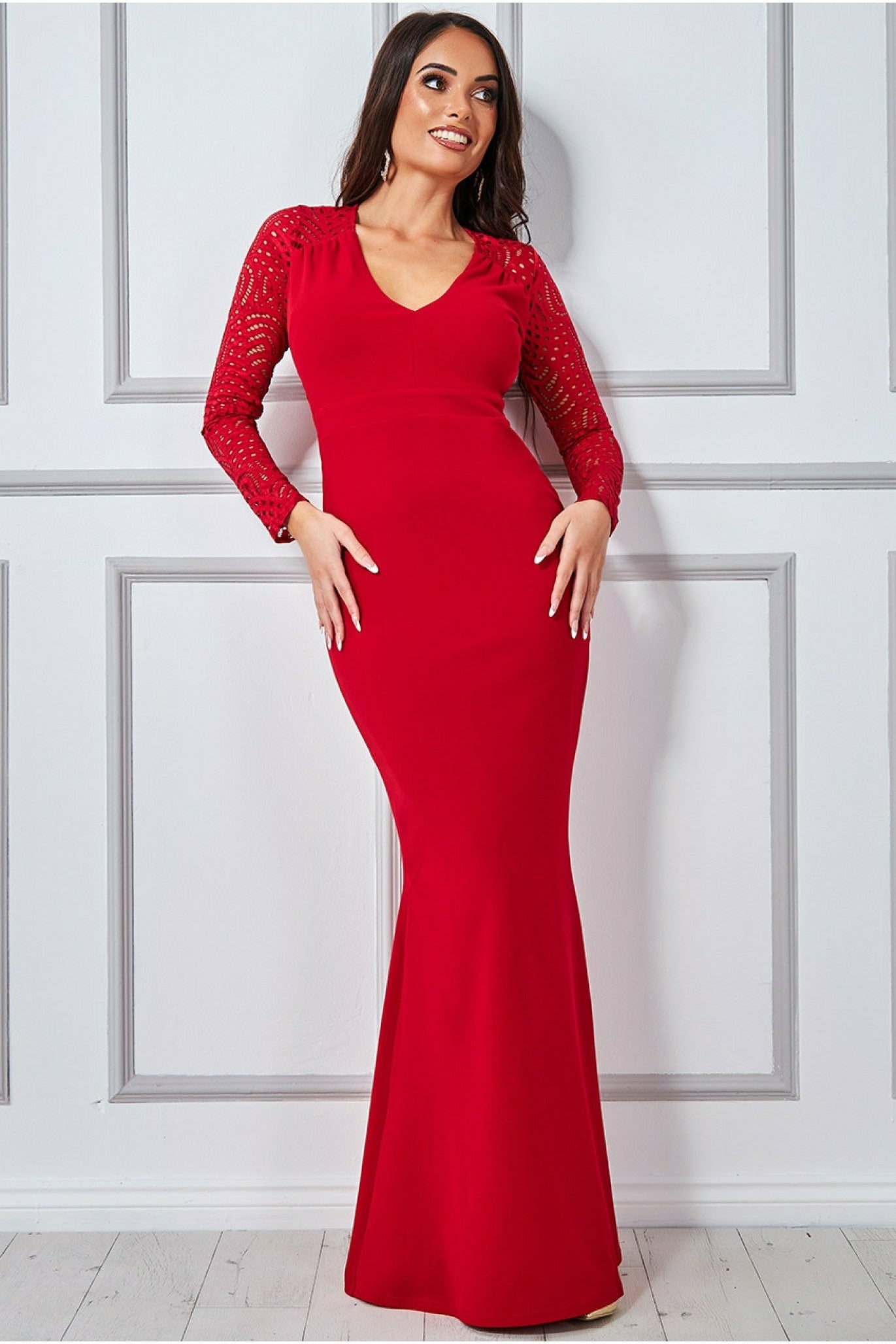 Lace Back Full Sleeve Maxi Dress - Red DR2870