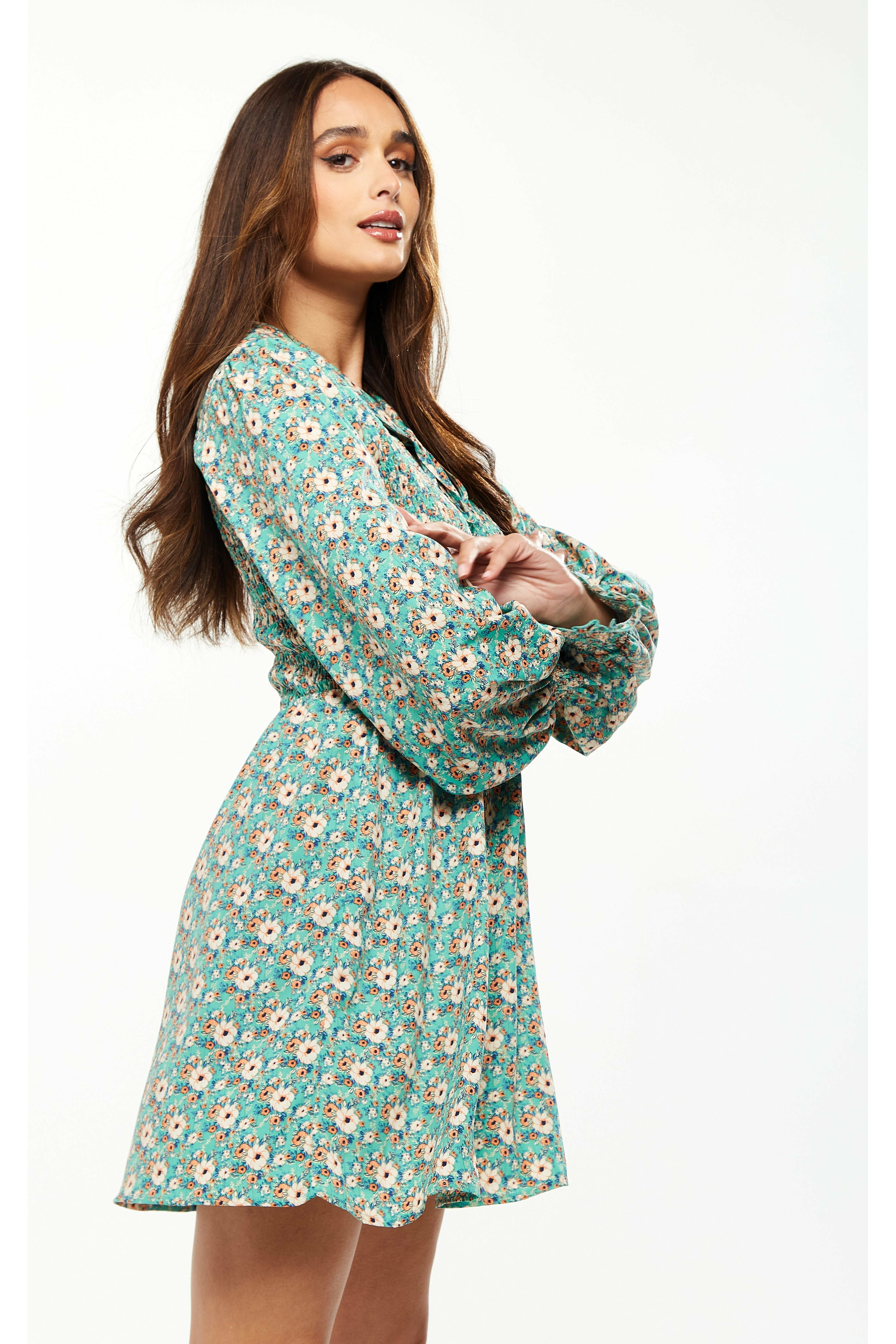 Floral Print Smock Mini Dress Peter Pan Green C12-LIQ22-331