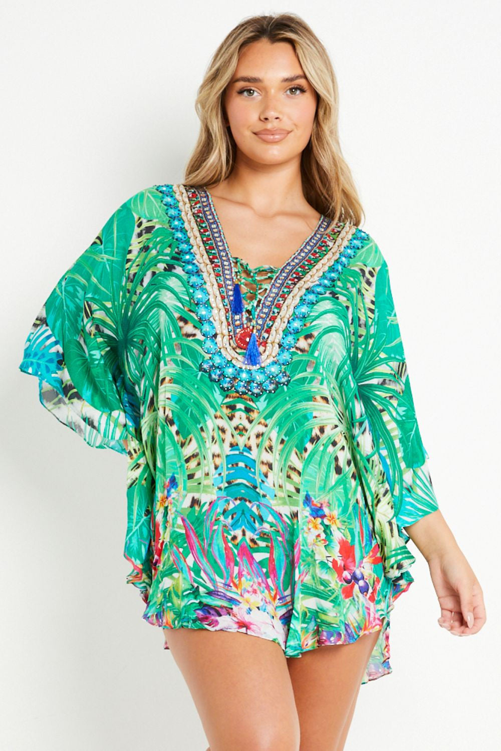 Tropical Green Short Beach Dress Kaftan AL2416