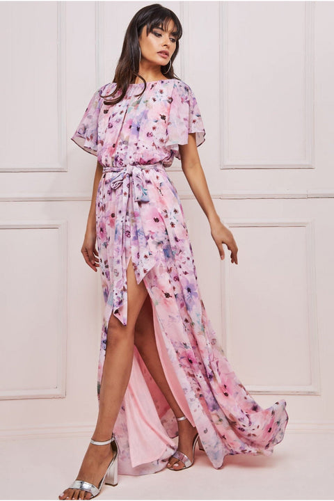 Wrap Back Flutter Sleeve Maxi Dress - Pink DR3236A