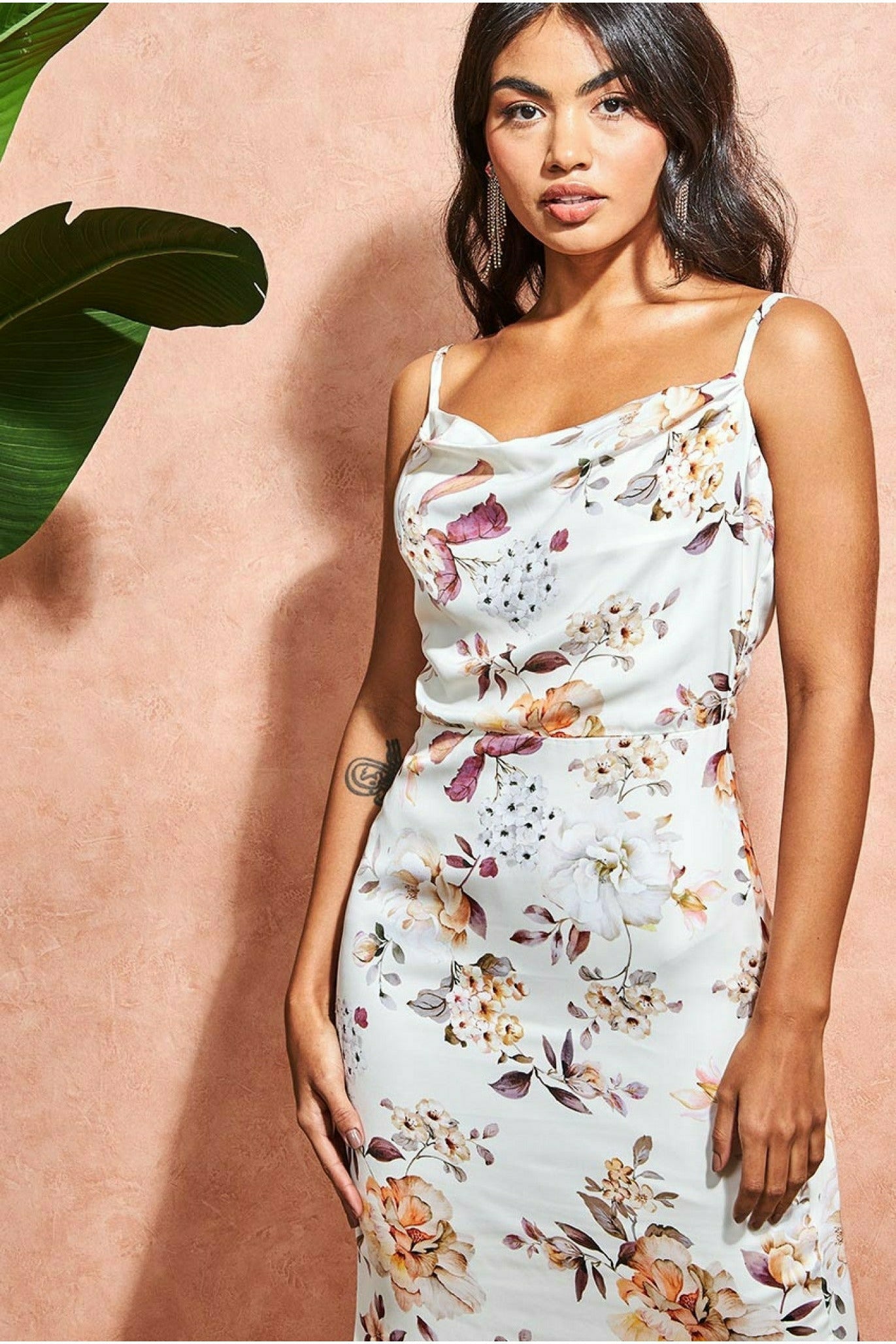 Floral Cowl Neck Maxi Dress - Cream Print DR3350