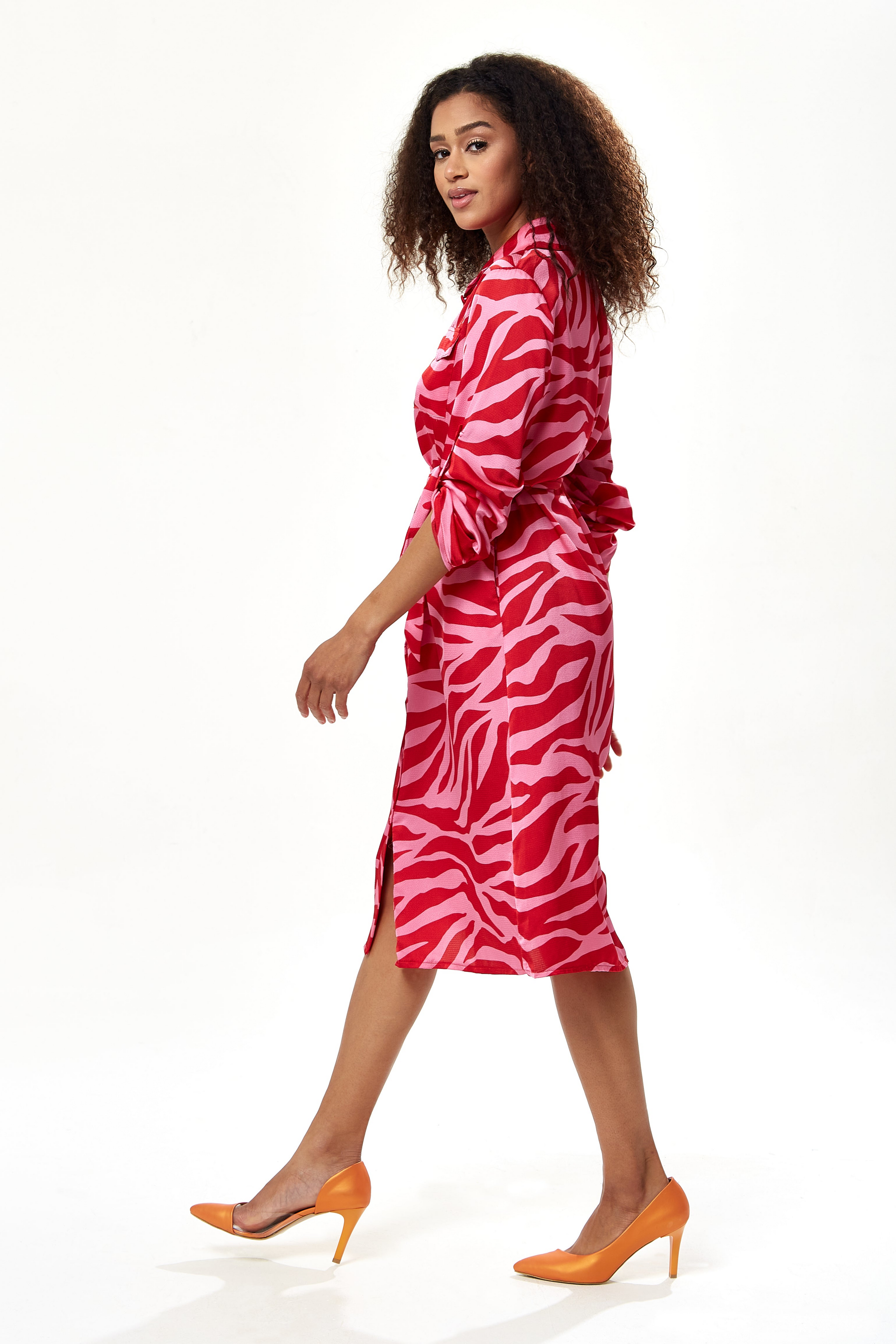 Pink And Red Zebra Print Midi Shirt Dress C12-EH1843ZP