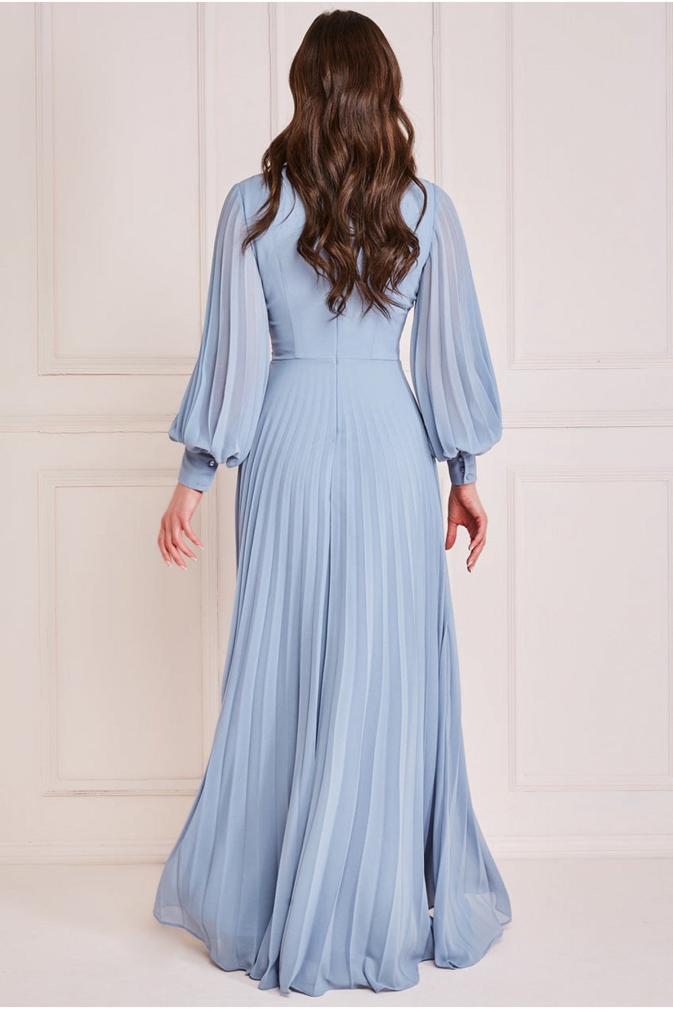 Printed Chiffon Pleated Maxi Dress - Blue