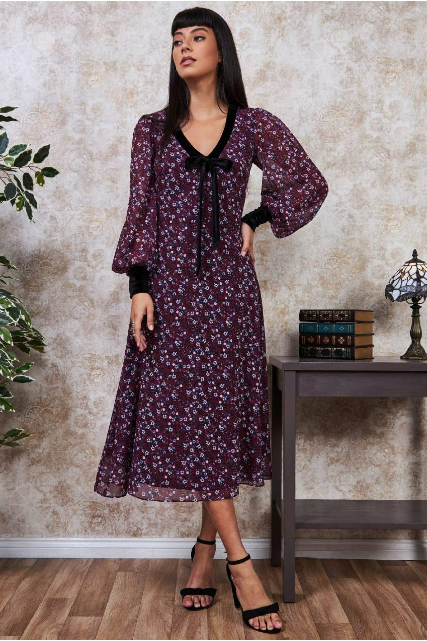 Printed Necktie Midi Dress - Wine DR3270