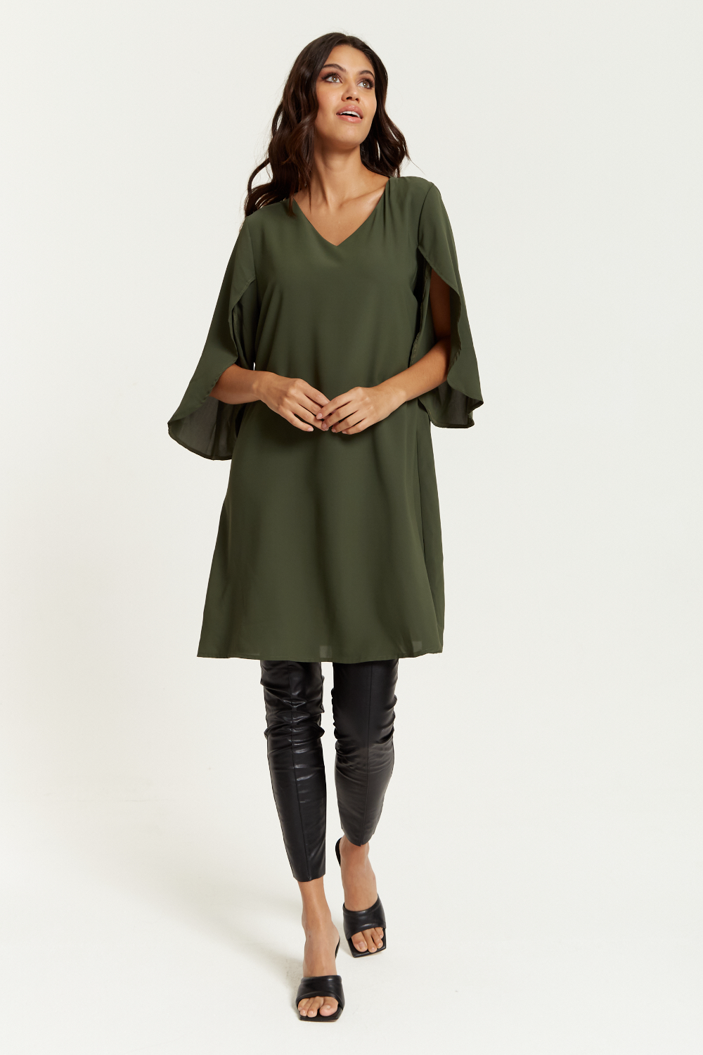 Oversized V Neck Detailed Satin Tunic with Split Sleeves in Khaki HOXTON GAL
