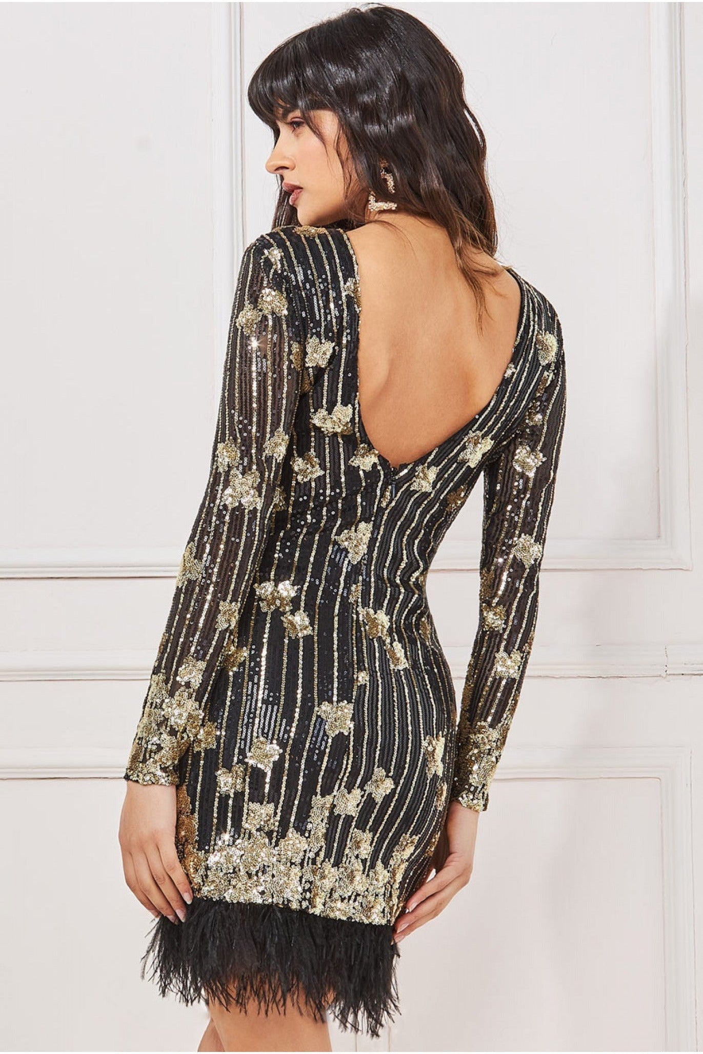 Sequin And Feather Open Back Mini - Black DR3770