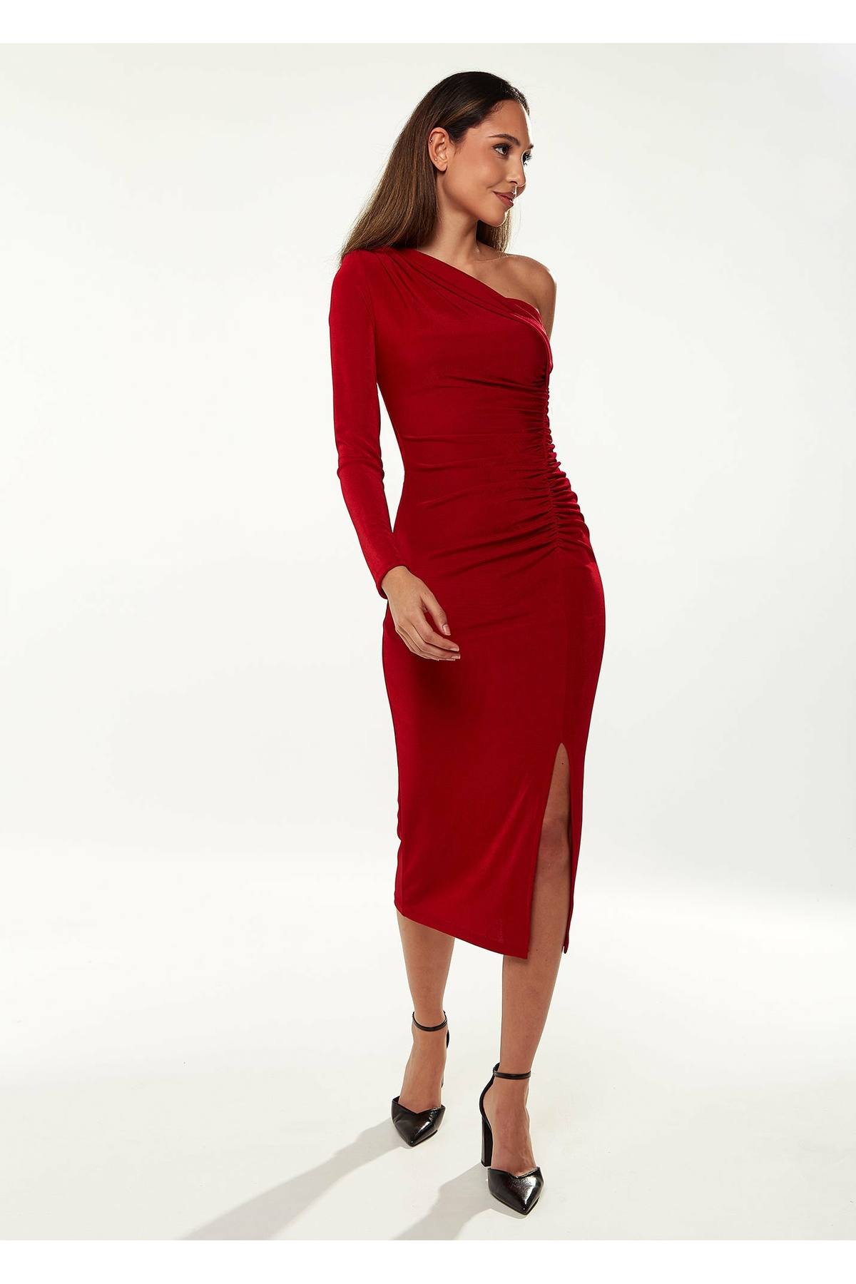Liquorish Asymmetric Midi Dress in Red Liquorish