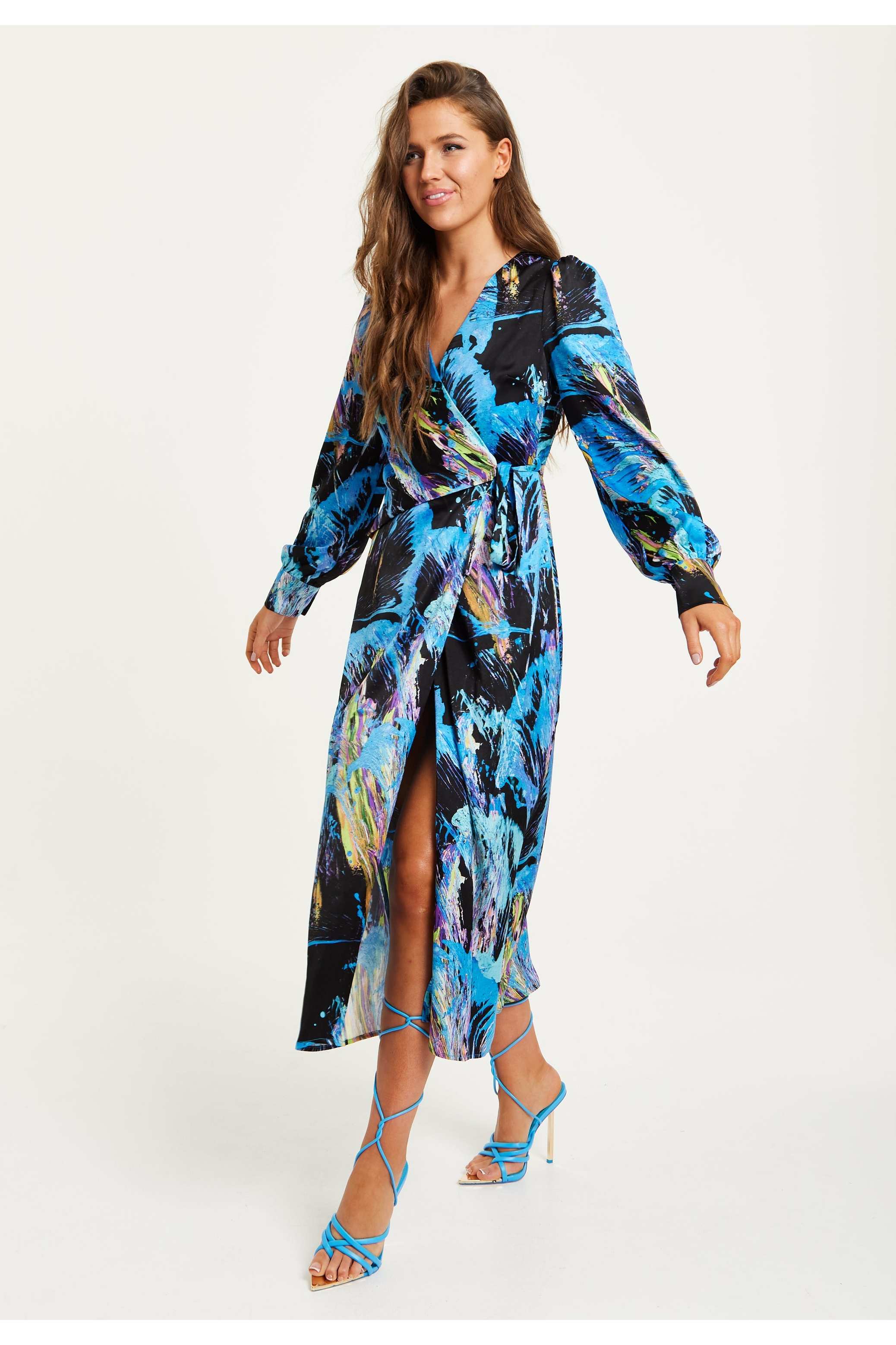 Multicolour Abstract Print Midi Wrap Dress G8-214-LIQ22AW057