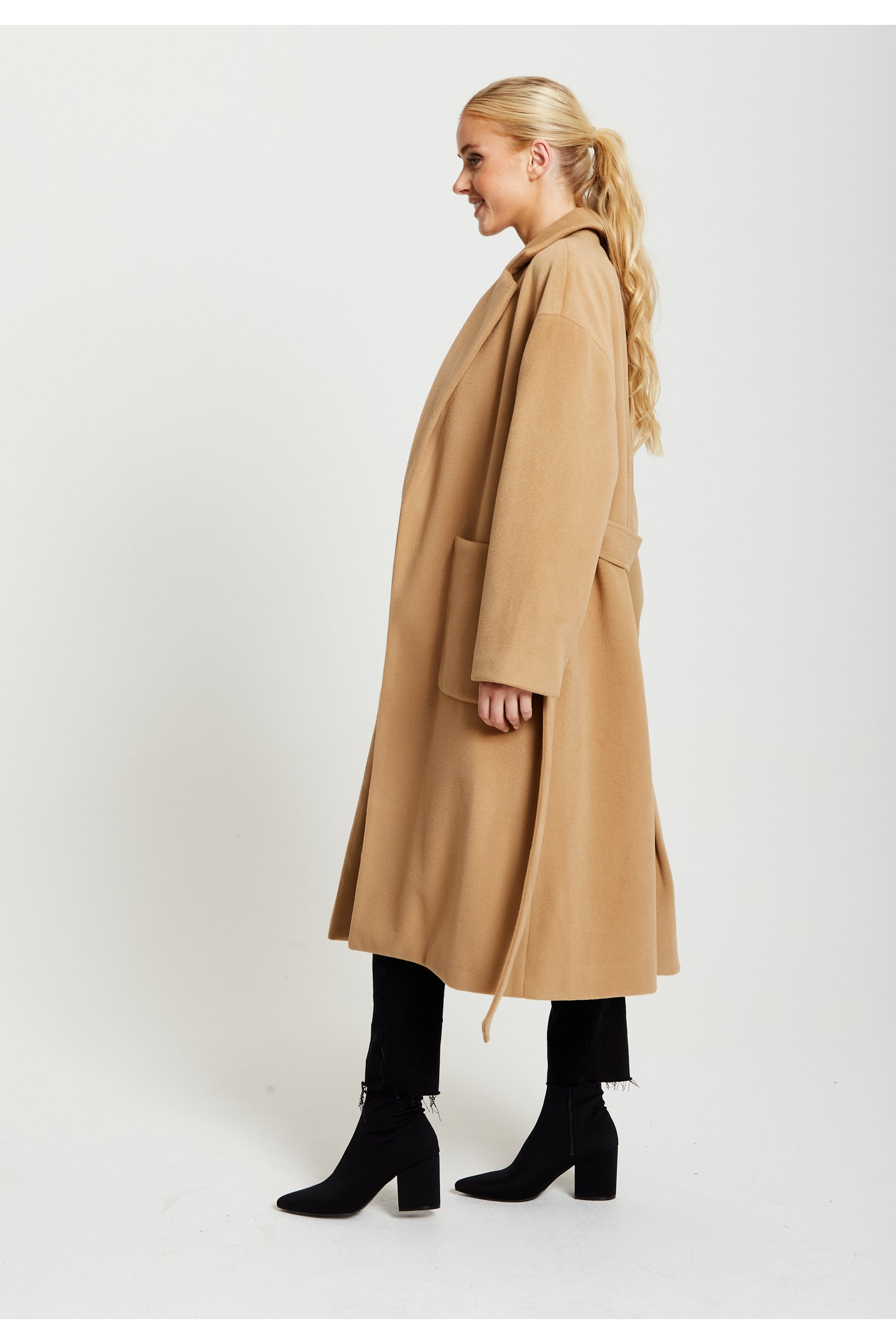 Belted Longline Coat In Camel E8-135-CT1803