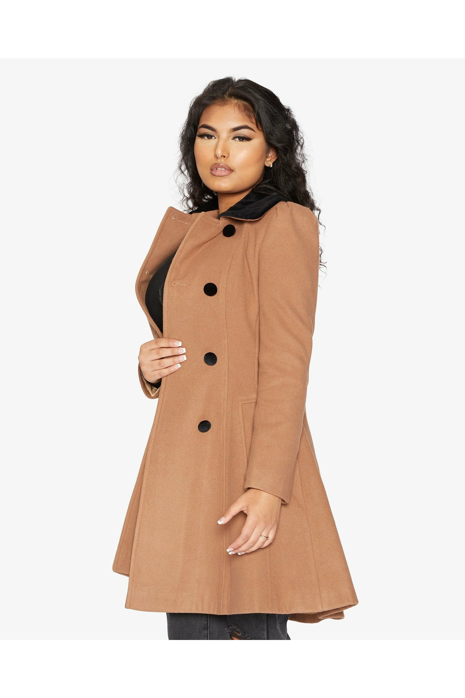 De La Creme Womens Double Breasted Velvet Trim Skater Coat De La Crème