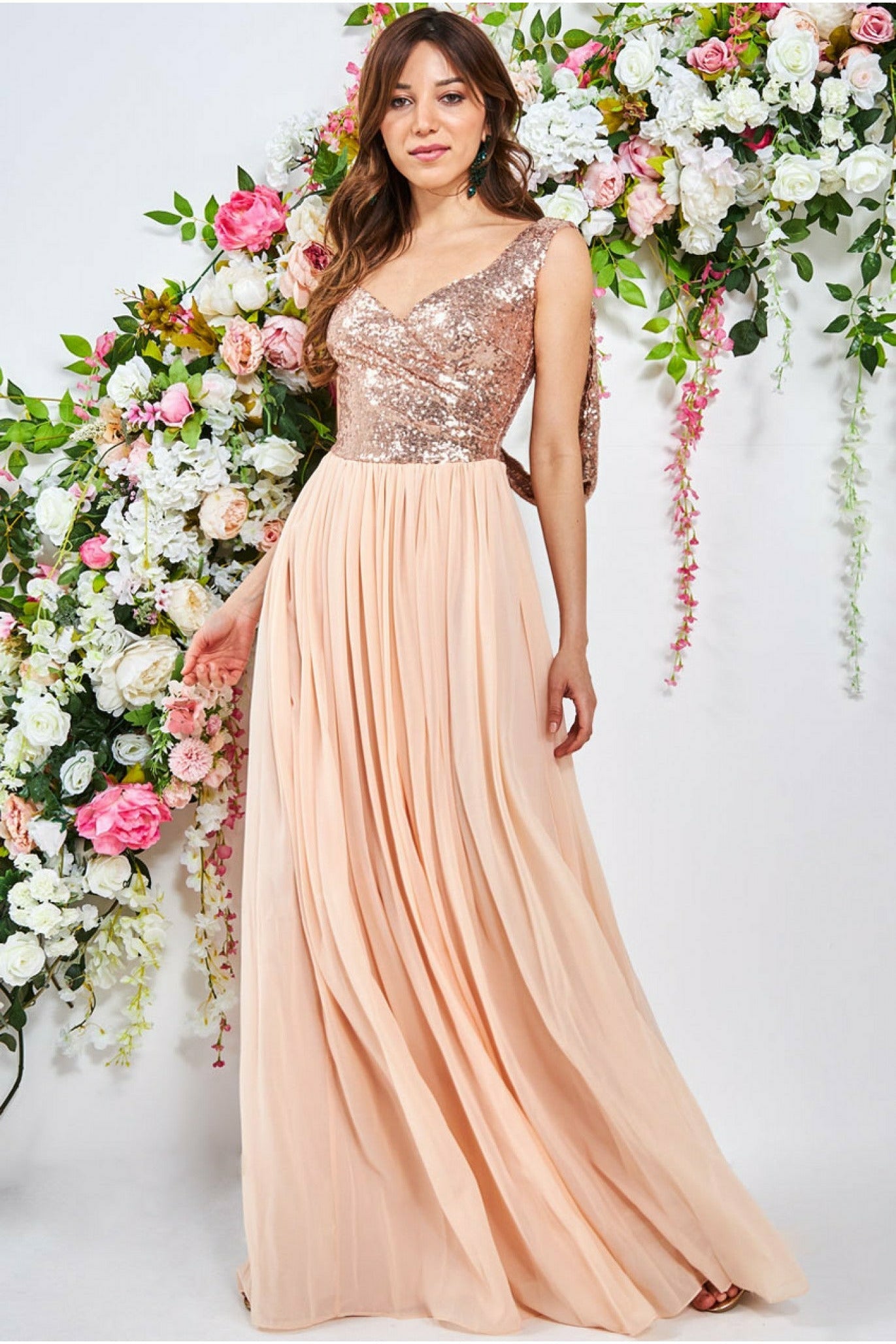 Cowl Back Sequin & Chiffon Maxi Dress - Champagne DR1278