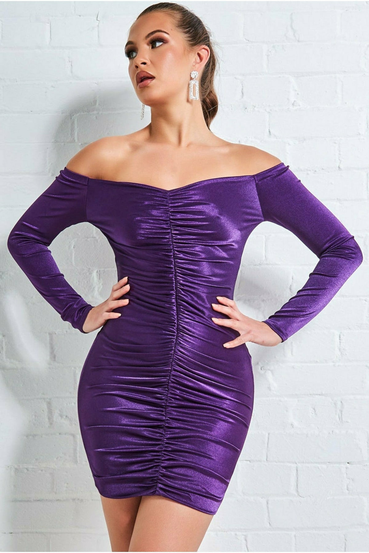  EAGLEG Off Shoulder Ruched Waist Dress Formal Dresses for Women  Party (Color : Purple, Size : L) : Clothing, Shoes & Jewelry