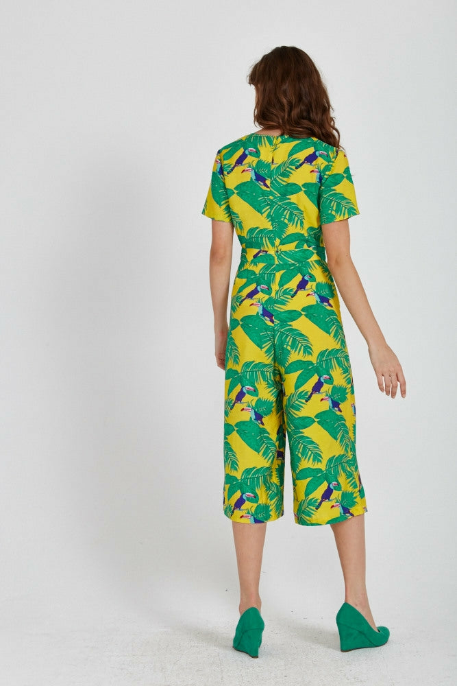 Rock Kandy Wide Leg Jumpsuit In Yellow Leaf Print Rock Kandy