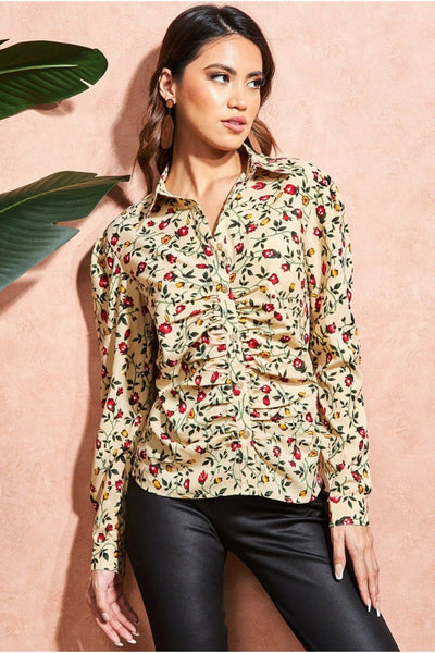 Beige - Floral Print Shirt - Beige by City Goddess