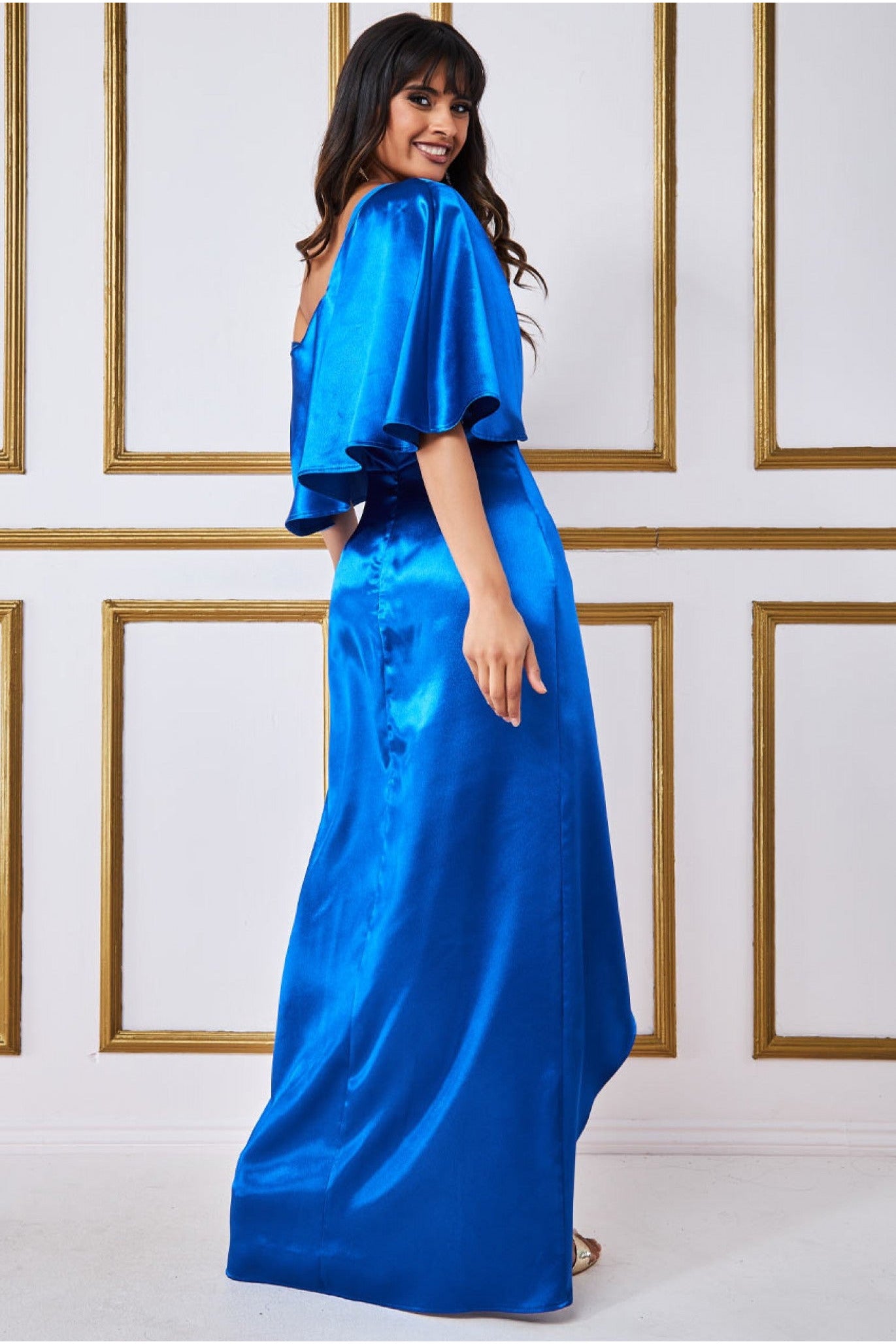 Satin Drape Shoulder Wrap Maxi Dress - Royal Blue DR3450