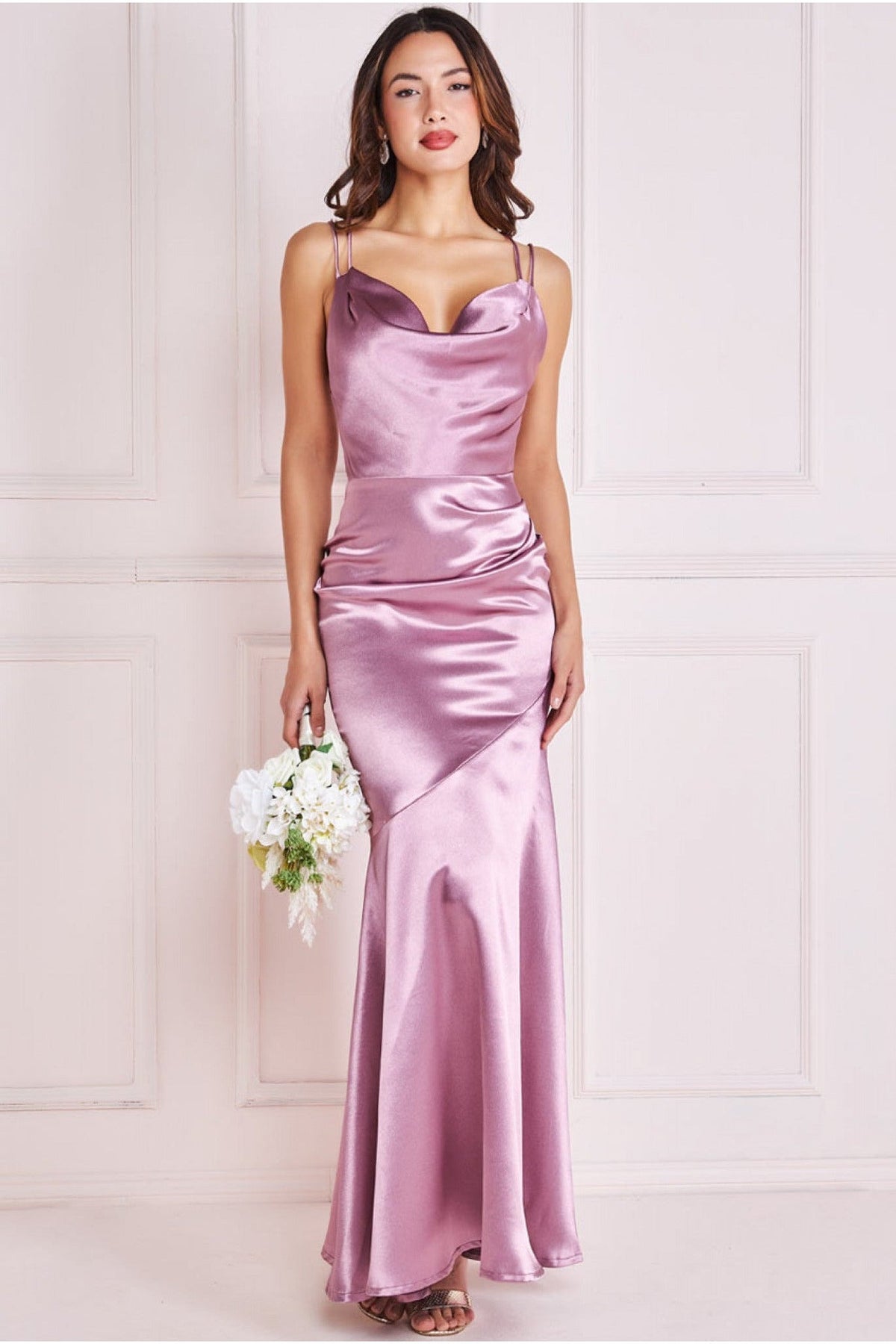 Satin Cowl Neck With Strappy Back Maxi - Pink DR2113QZ