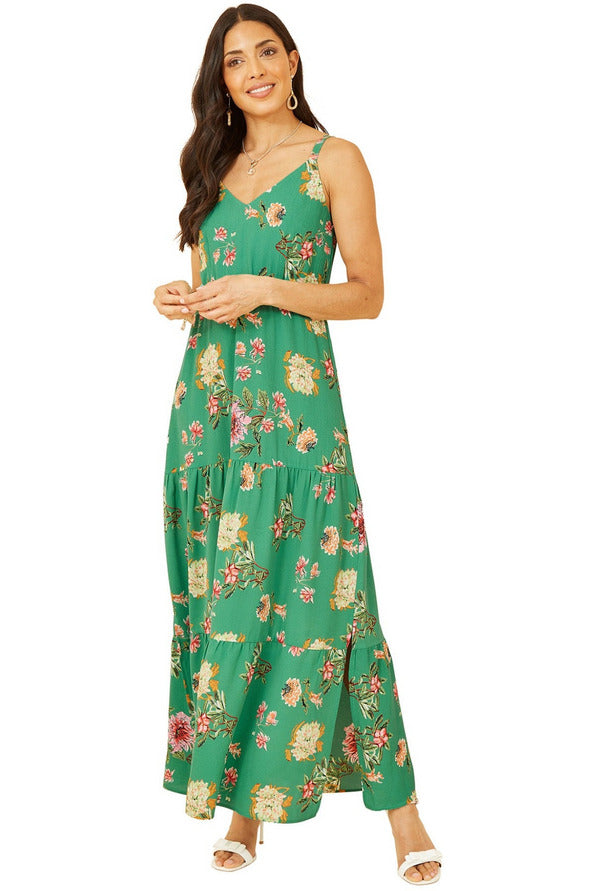 Green Floral Strappy Tiered Maxi Dress Yumi