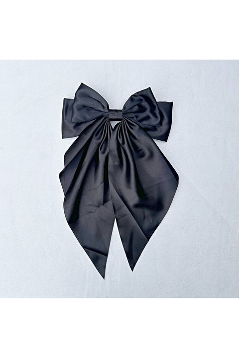 Black Satin Hair Bow Black Hair Clip Long Bow by QueenMee Accessories