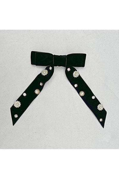 Black - Black Velvet Bow Hair Clip With Jewels by QueenMee Accessories