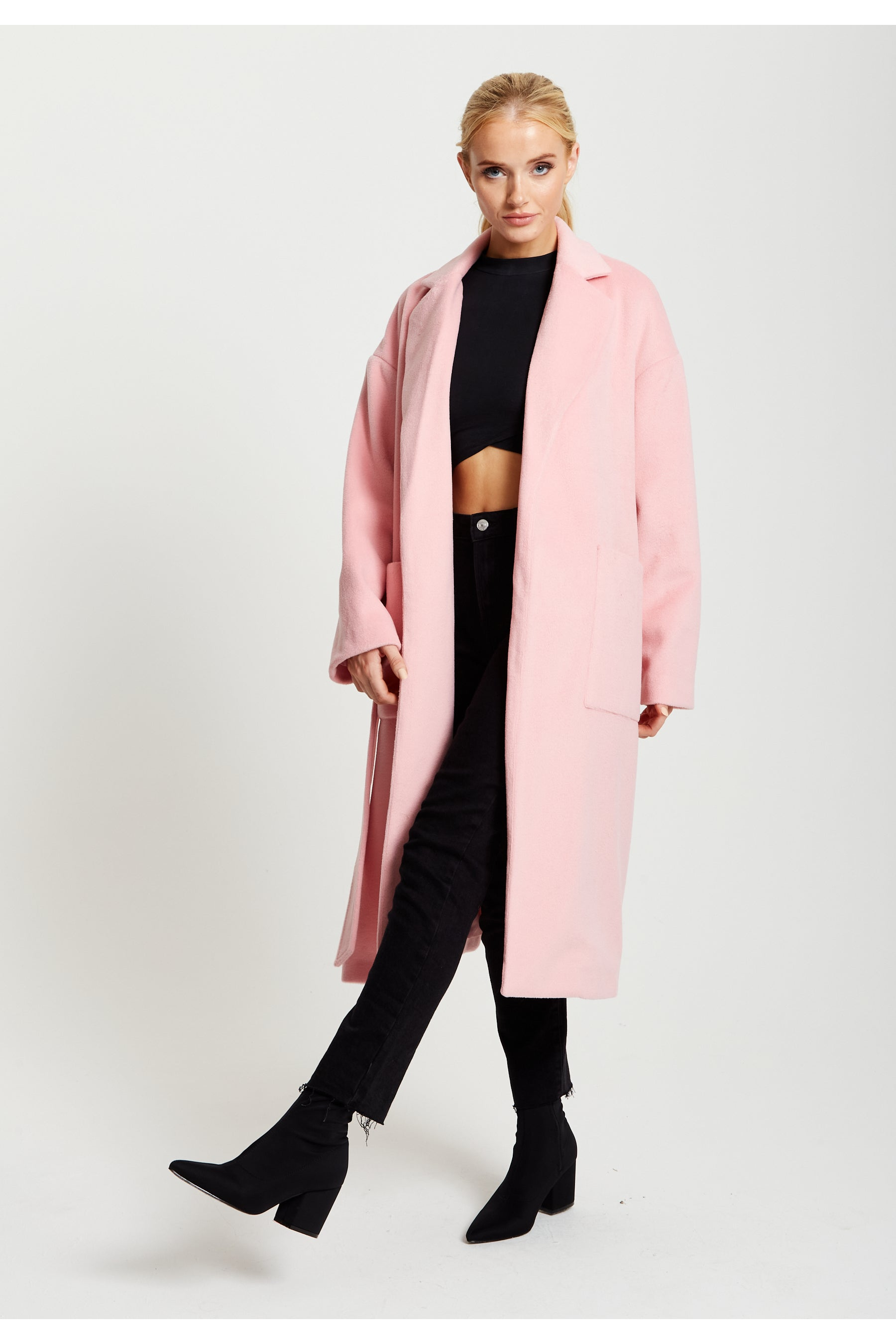 Belted Longline Coat In Pink F10-134-CT1803