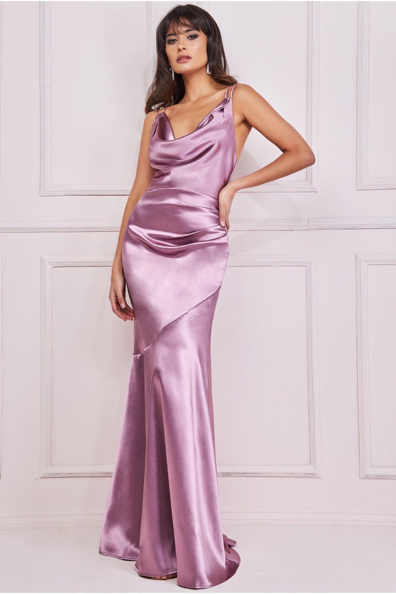 Cowl Neck With Strappy Back Satin Maxi - Blush DR2113