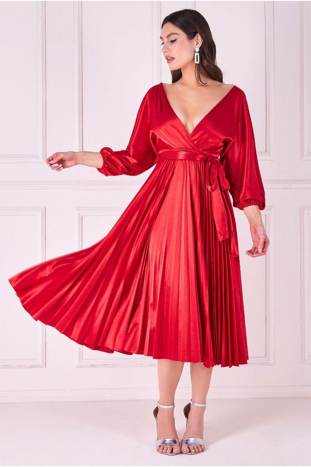 Satin Pleated Skirt Wrap Midi Dress - Red DR3921