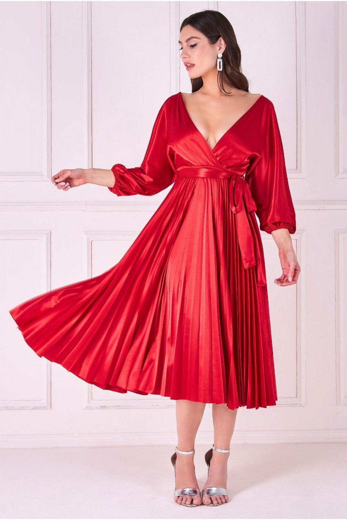 Satin Pleated Skirt Wrap Midi Dress Red