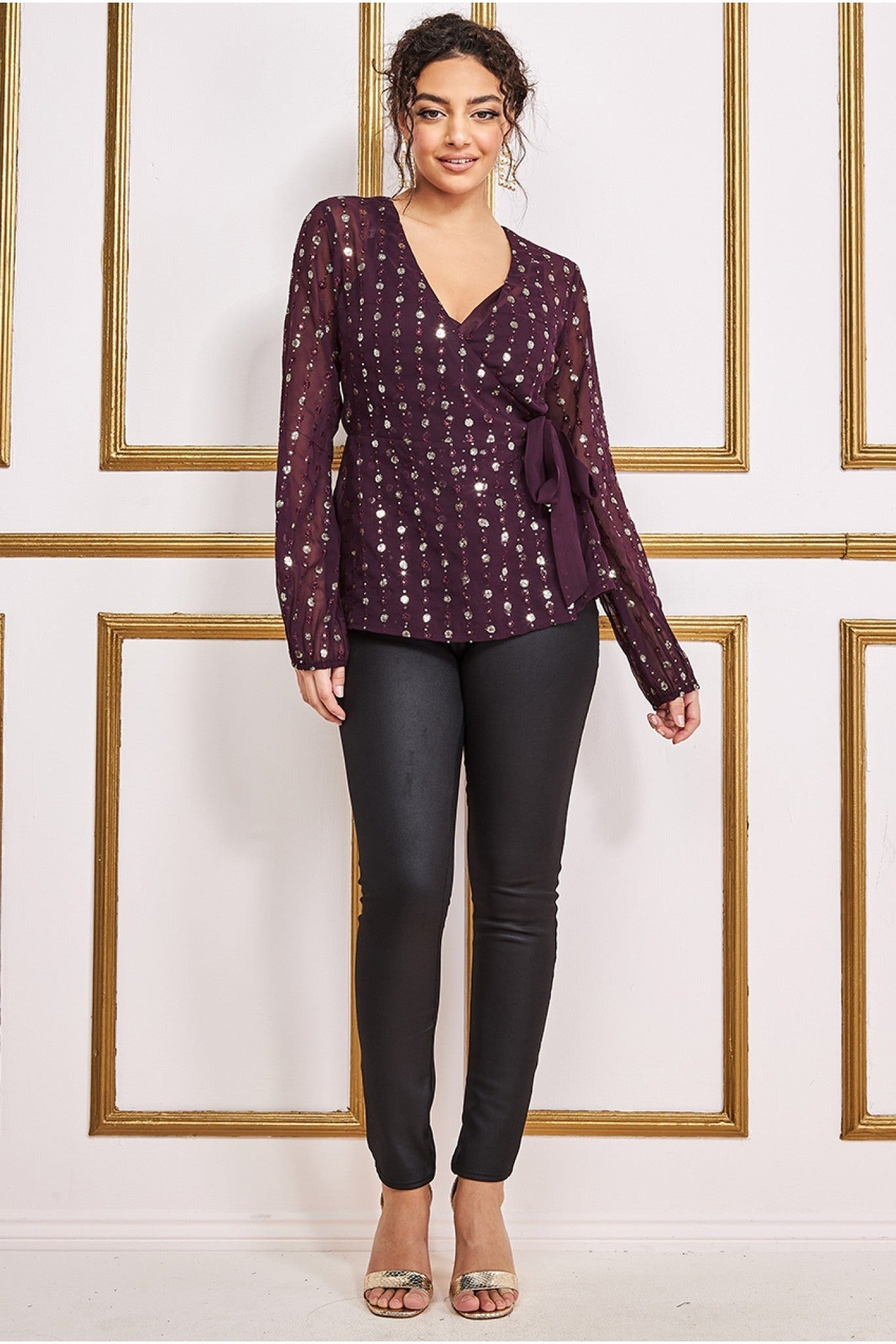 Wrap Sequin Top With Cami - Wine T203
