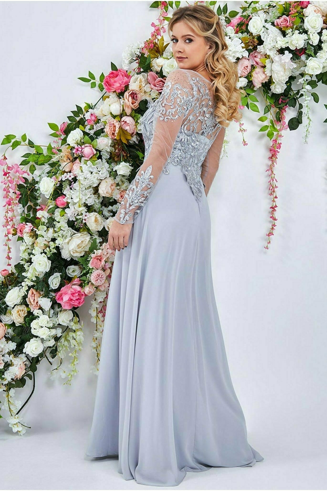 Mesh & Lace Embroidered Bodice Maxi - Grey DR3260