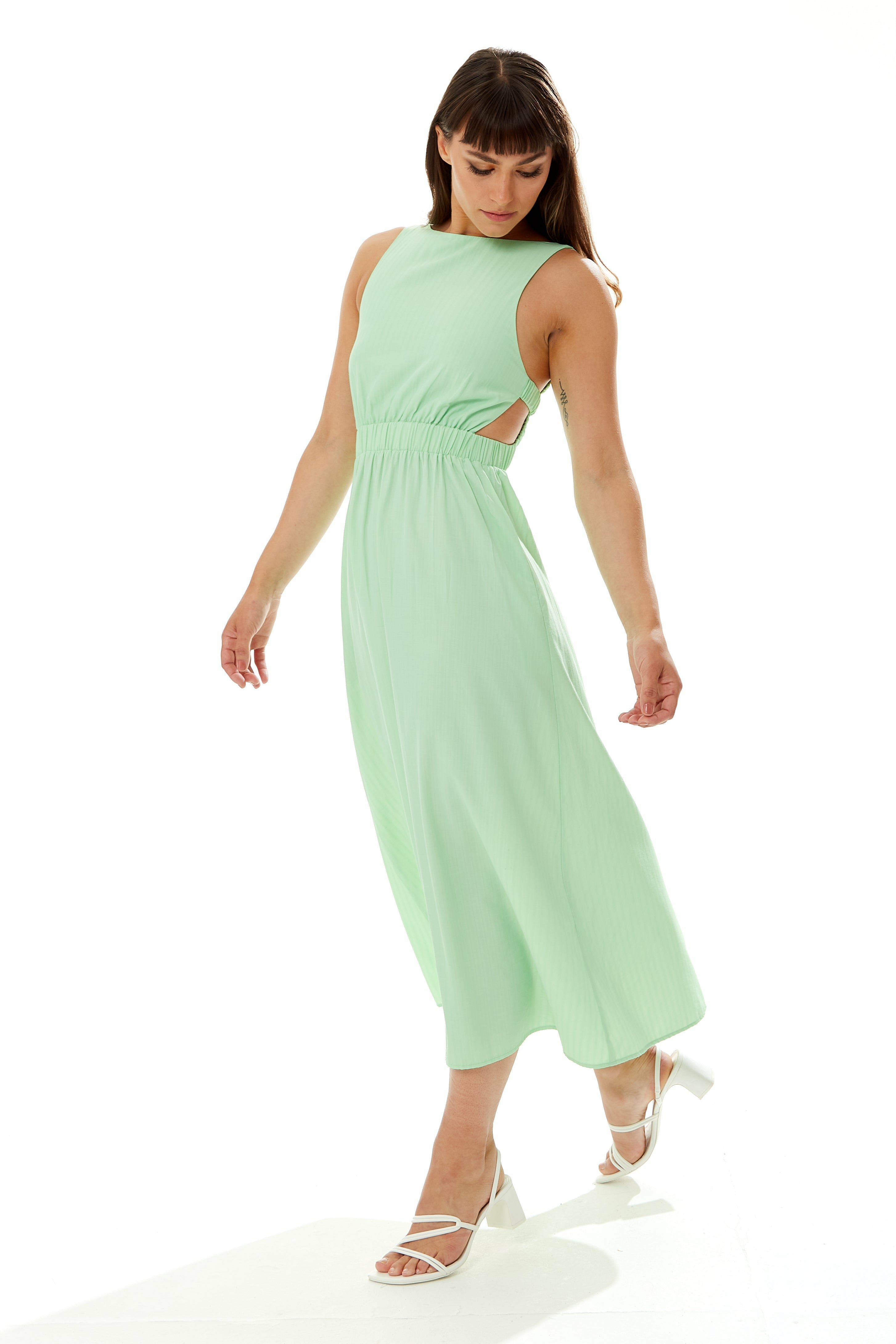 Green Midi Dress With Open Back Elasticated Waist C4-LIQ22SS001-GR