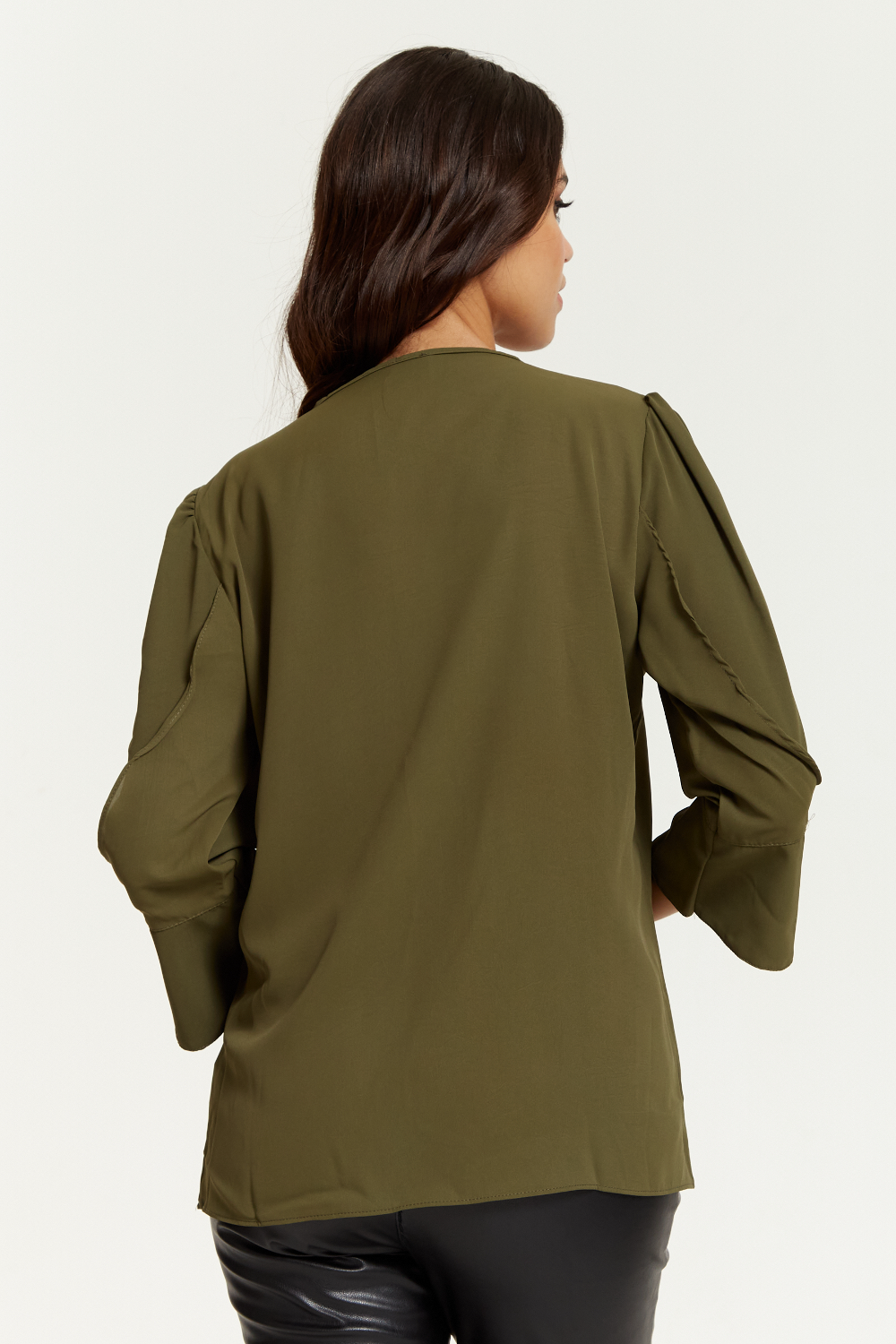 Long Sleeves Detailed Cuff Blouse with V Neck in Khaki GLR FASHION NETWORKING