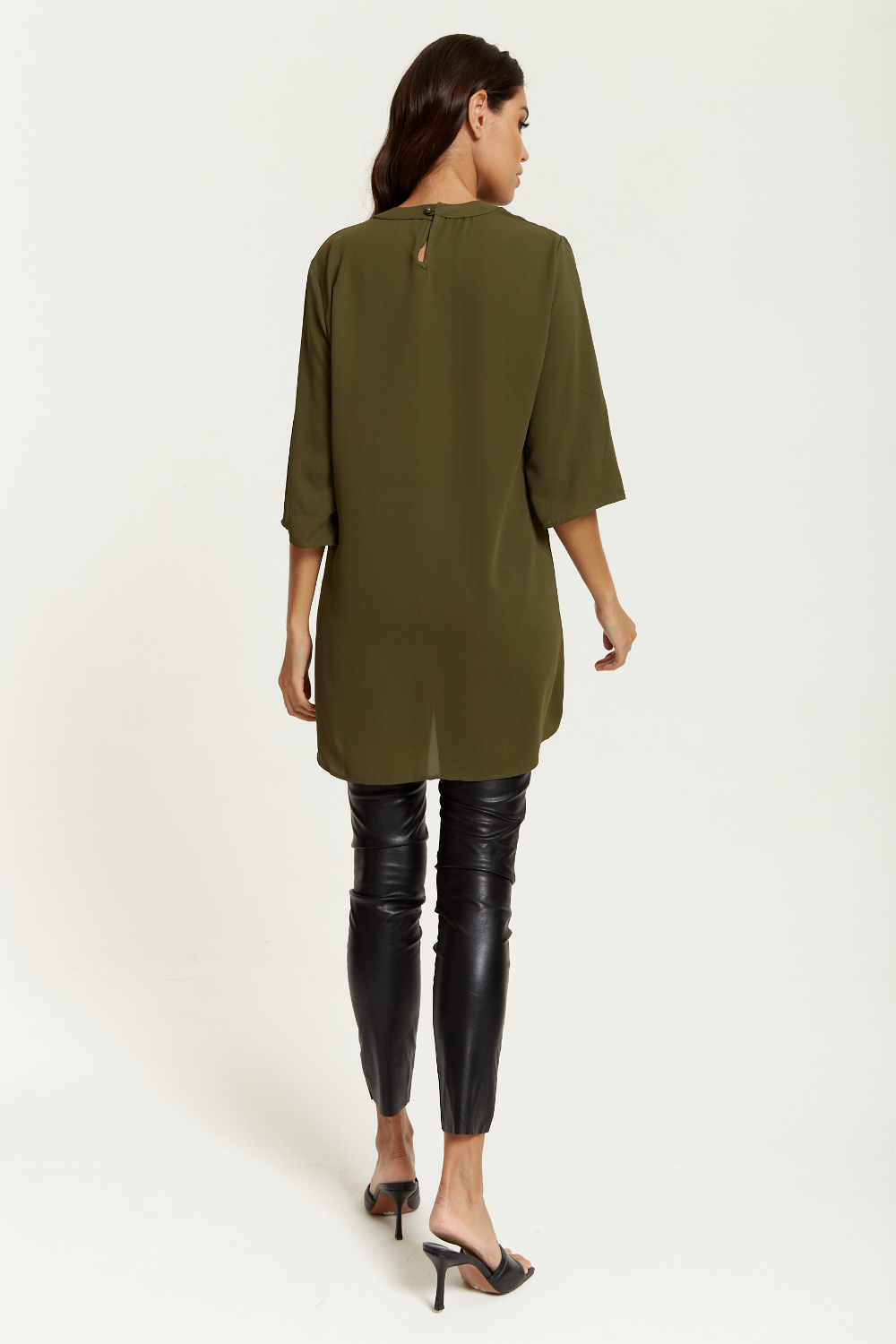 Oversized Detailed Neckline Tunic with 3/4 Sleeves in Khaki GLR FASHION NETWORKING