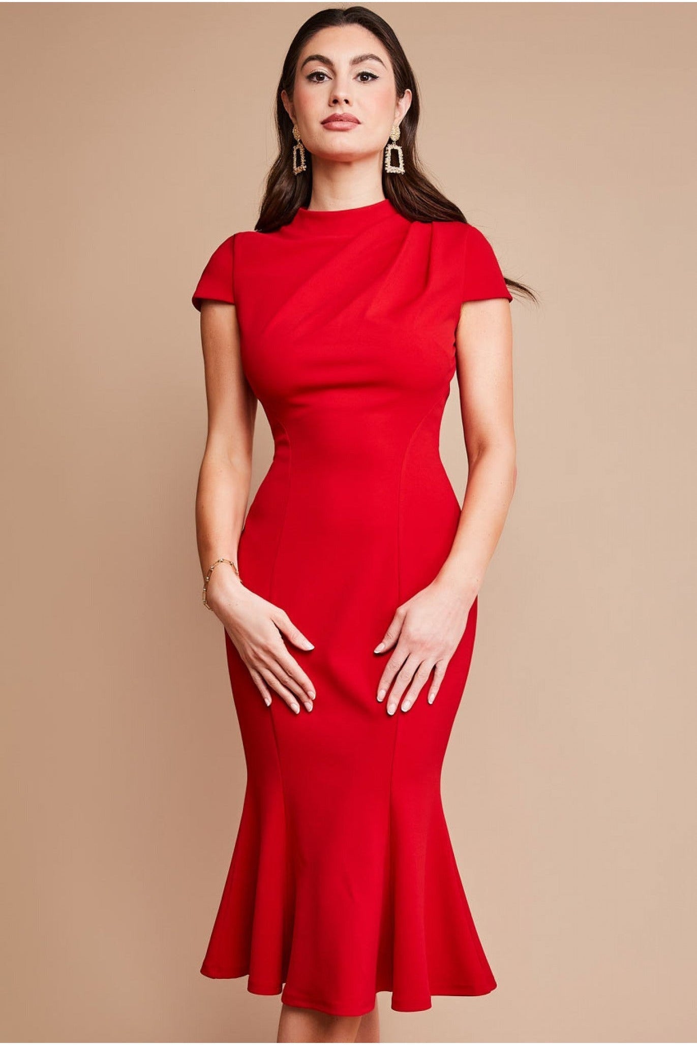 Pleated Shoulder High Neck Midi Dress - Red DR3977