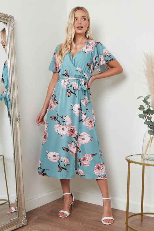 Angel Sleeves Midi Wrap Dress In Green Floral LL3511LGF