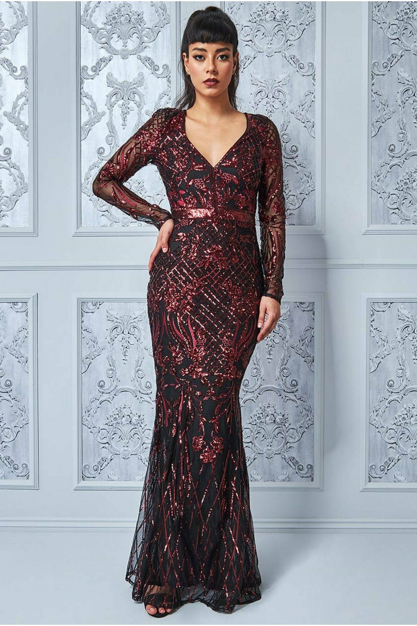 Full Sleeve Sequin Evening Dress - Wine DR3196