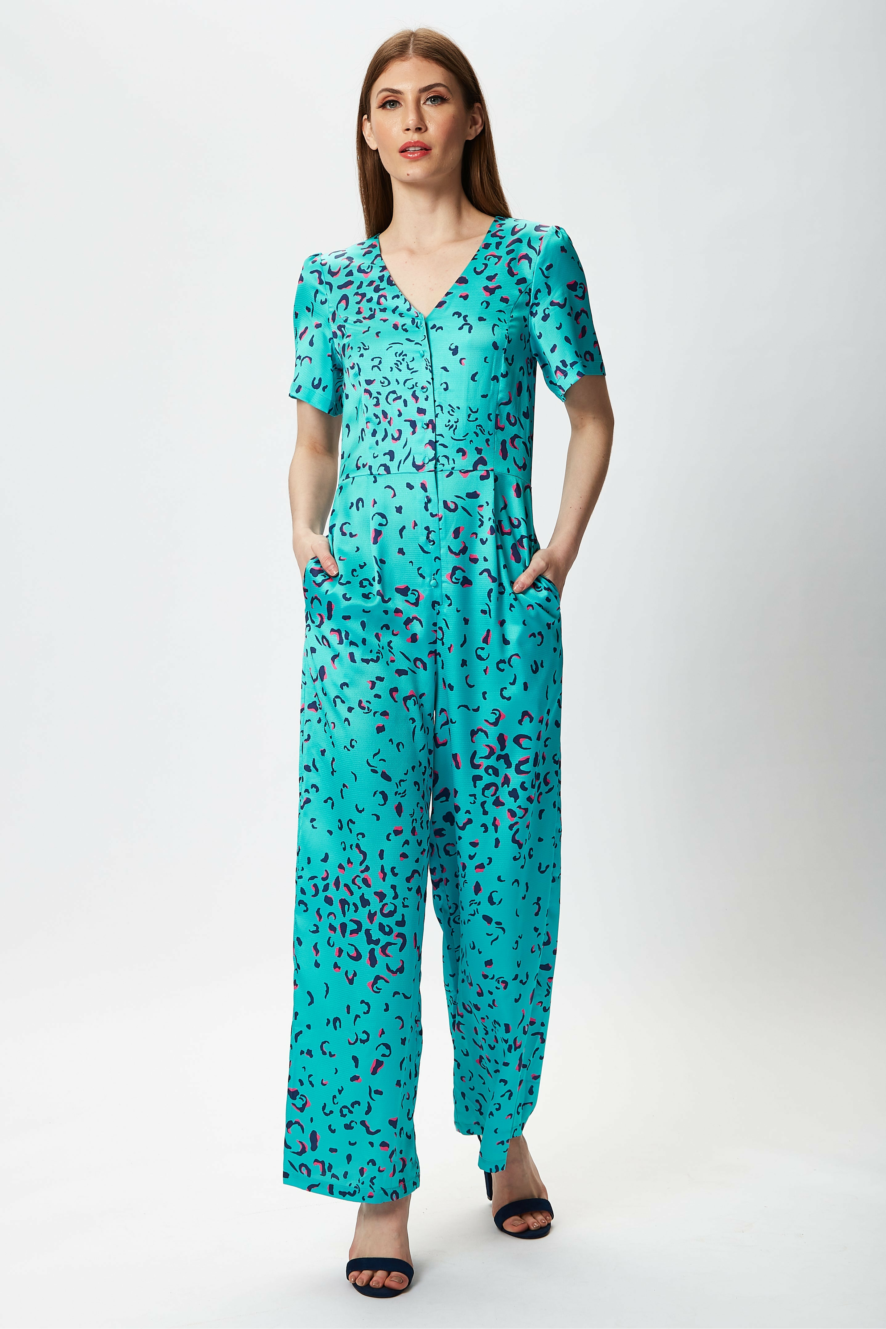 Wide Leg Jumpsuit In Blue Animal Print A3-LP10077