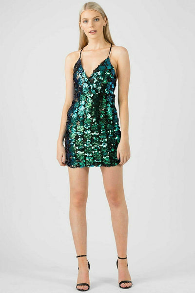 Green - Mesh Sequin Wrap Mini Dress by Aftershock London