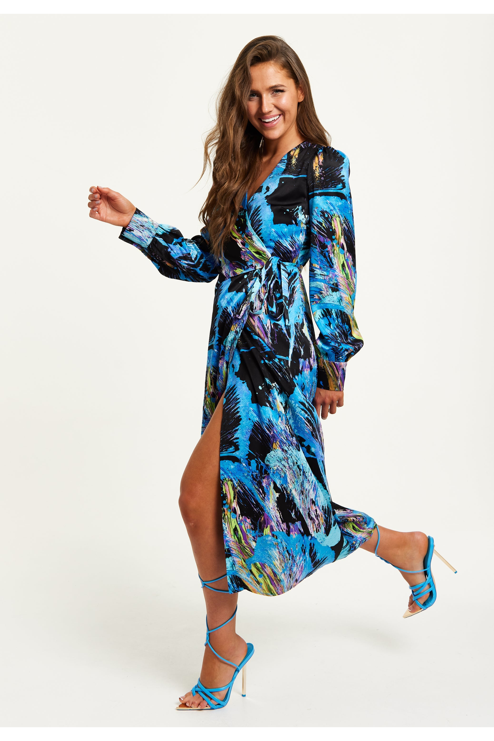 Multicolour Abstract Print Midi Wrap Dress G8-214-LIQ22AW057