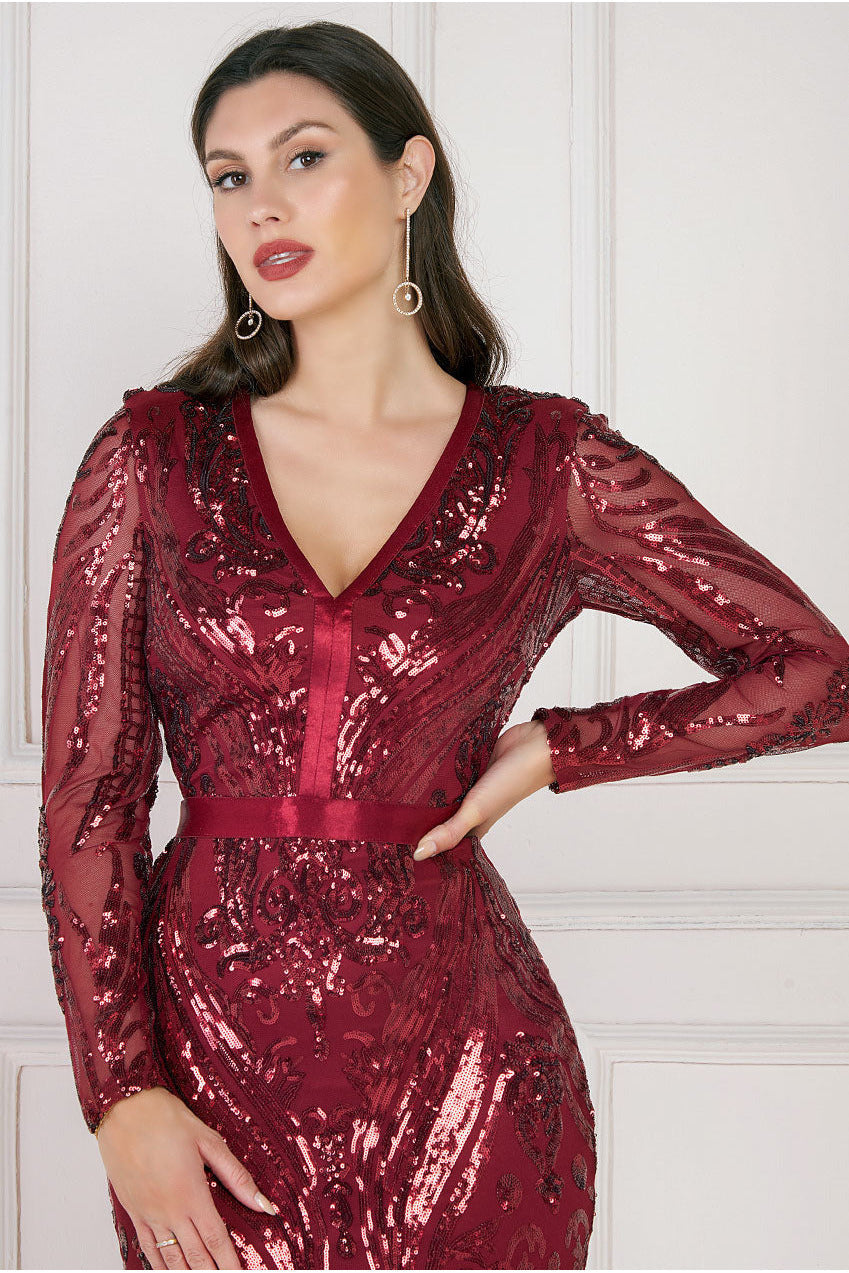 Embroidered Sequin Maxi Dress - Wine DR1163QZ