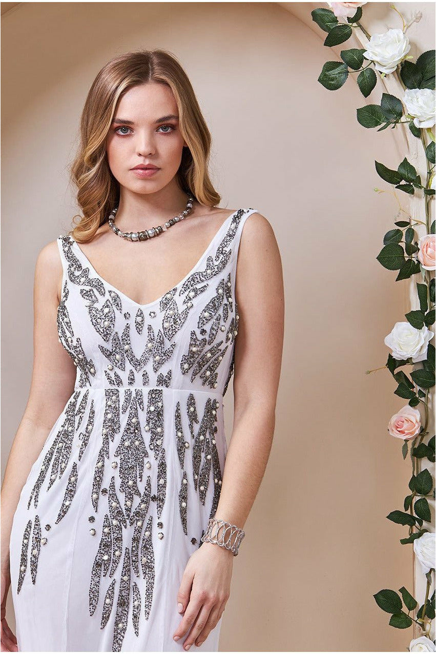 Pearl Embellished Open Back Maxi Dress - White DR1519