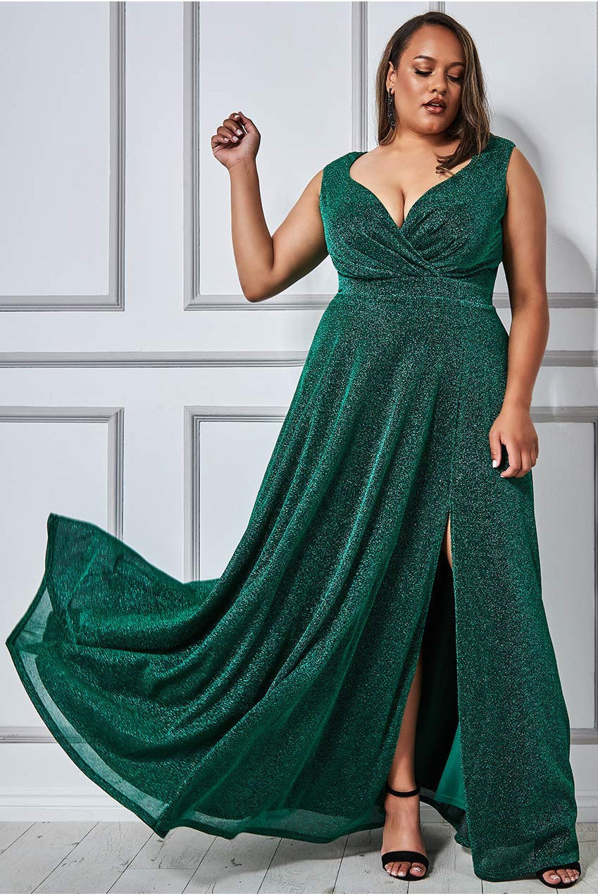 Goddiva Plus Crossover Lurex Glitter Maxi Dress - Emerald