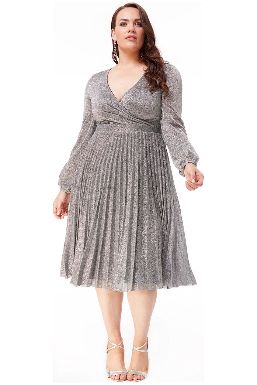 Pleated Glitter Midi With Long Sleeves - Silver DR2410P