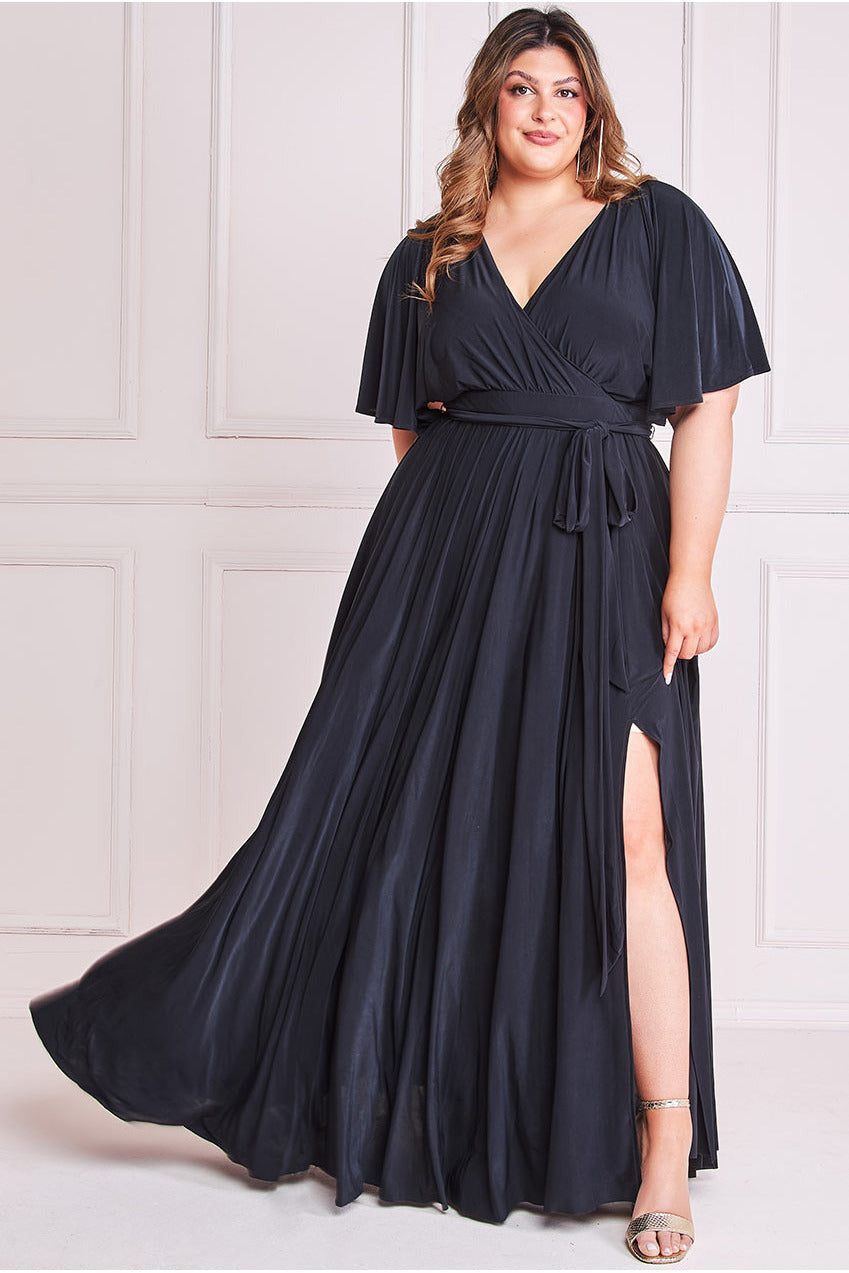 Plus Wrap Front Maxi With Flutter Sleeves - Black DR2565P
