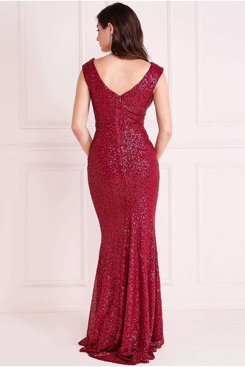 Twisted Front Sequin Maxi - Burgundy DR2723